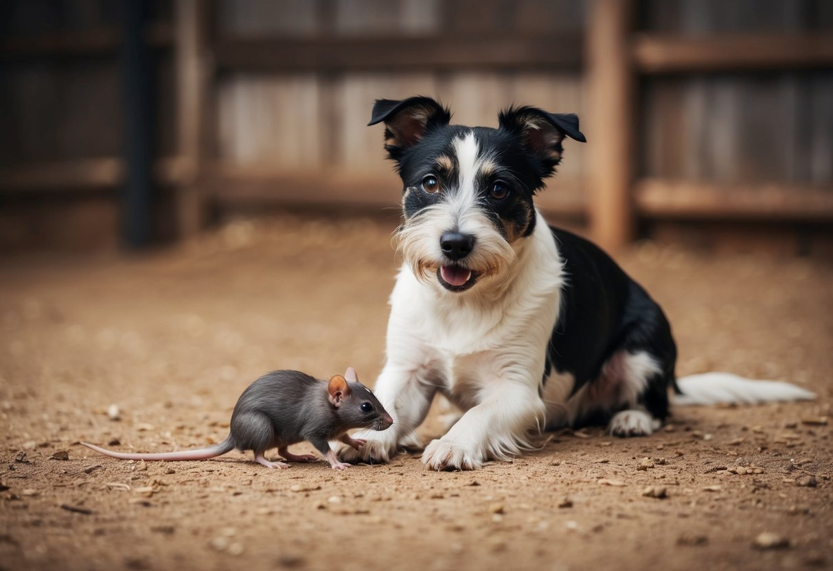 A Border Terrier confidently catches a rat in a rustic barn setting