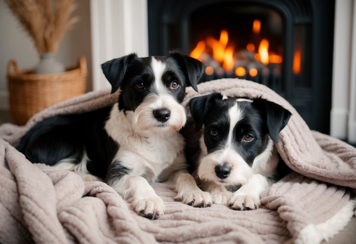 Two border terriers cuddle on a cozy blanket by a fireplace