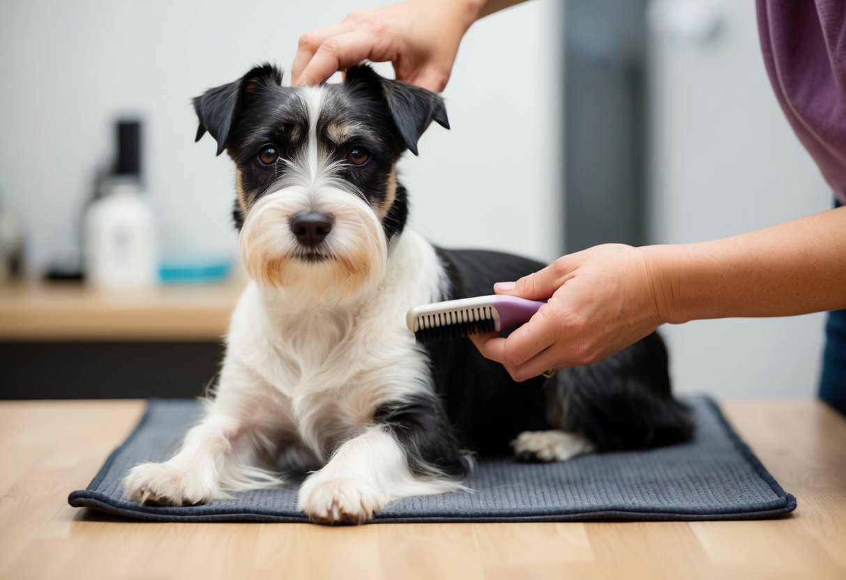 A border terrier calmly receiving a gentle grooming session, with a caring hand carefully removing loose fur from its coat
