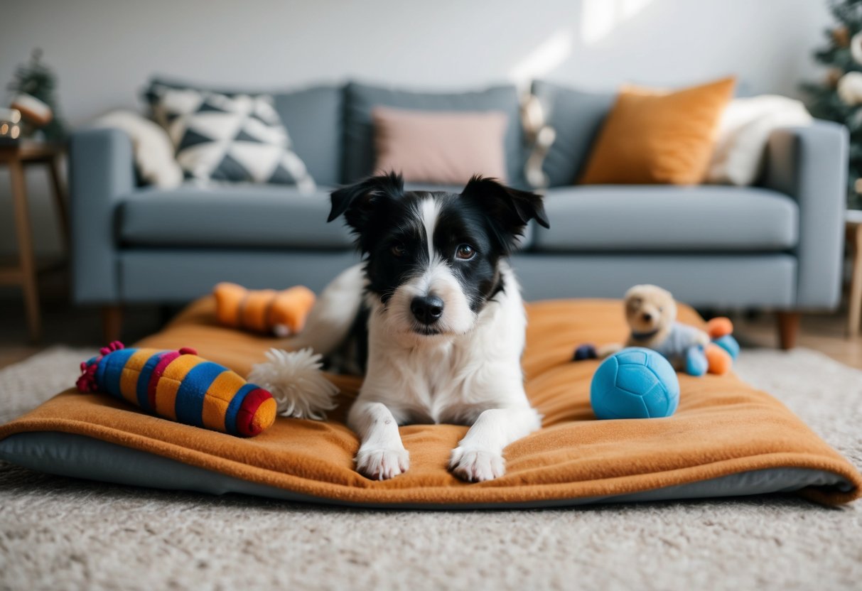 A border terrier snuggled up on a cozy blanket, surrounded by various toys and a comfortable living room setting