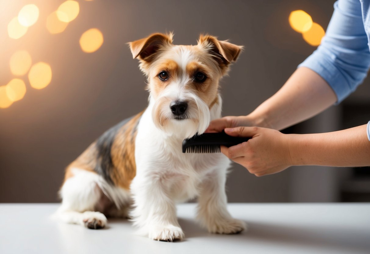 A border terrier calmly being groomed, with a gentle hand stripping its coat