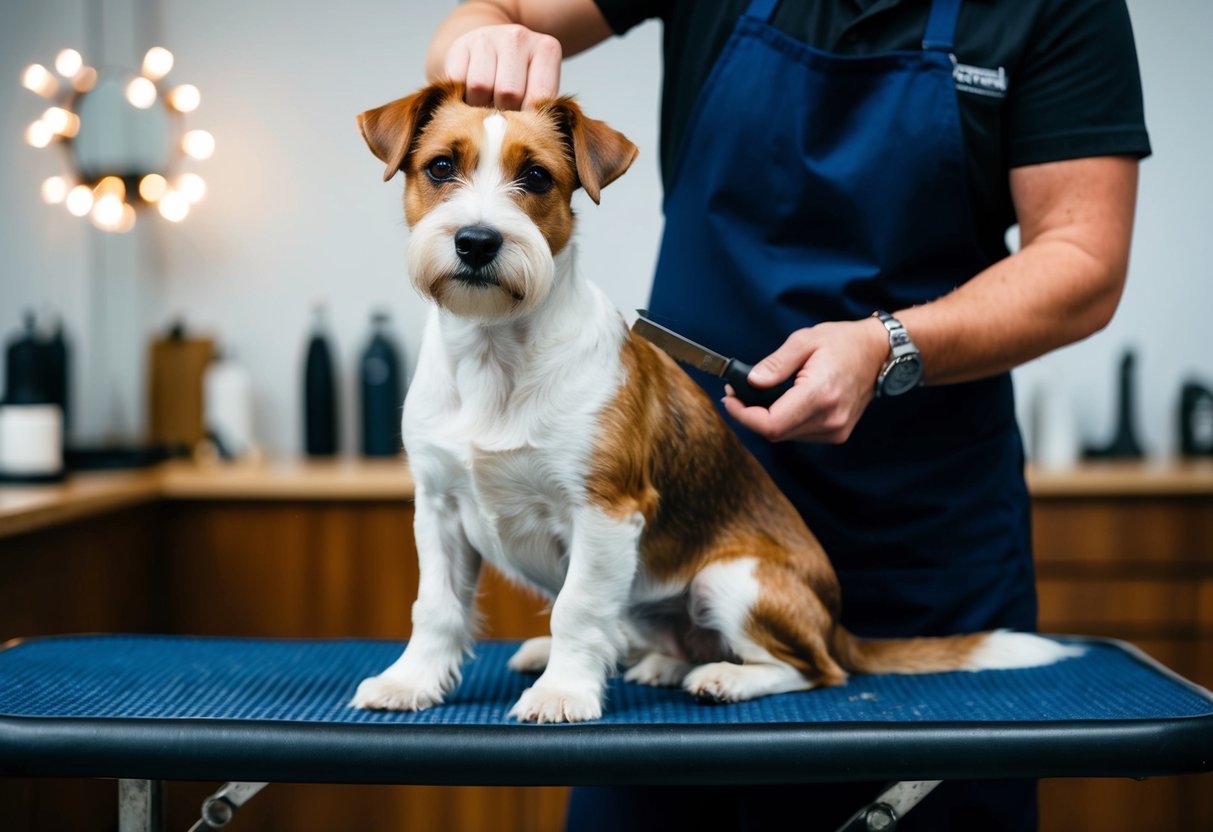 A border terrier sits calmly as a groomer carefully removes its dead outer coat with a stripping knife, showing no signs of distress