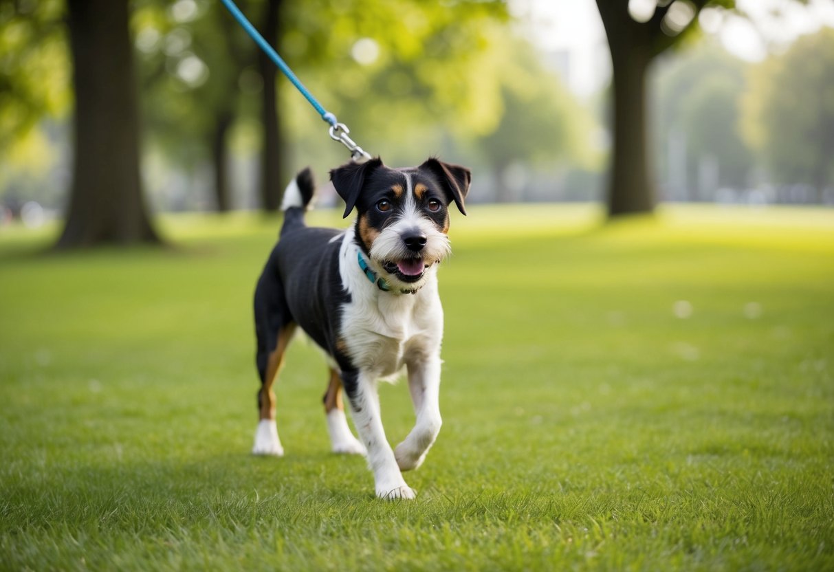 A 6-month-old border terrier walks on a leash through a grassy park with trees in the background