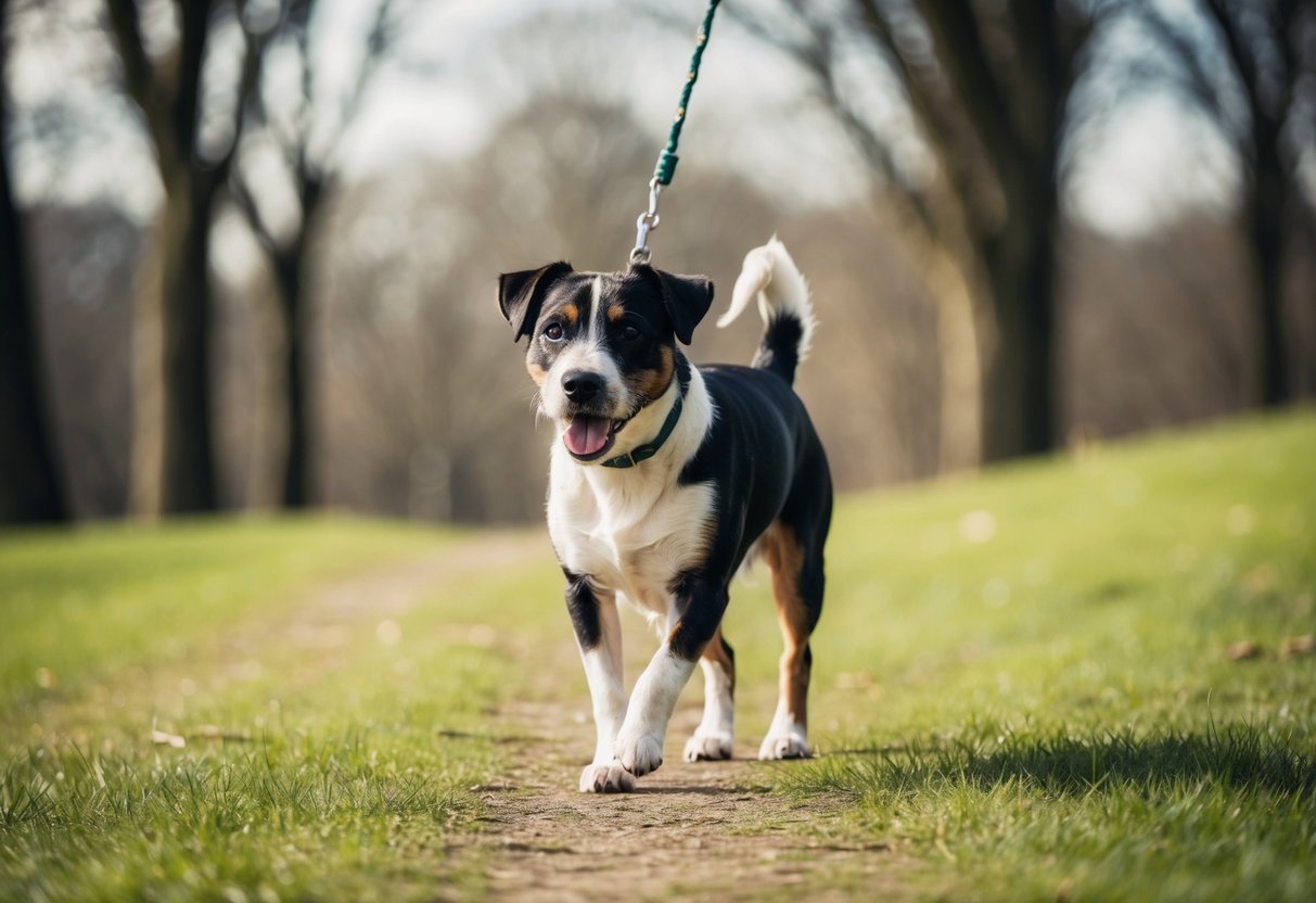 A 6-month-old Border Terrier walking on a grassy path with trees in the background, leash trailing behind