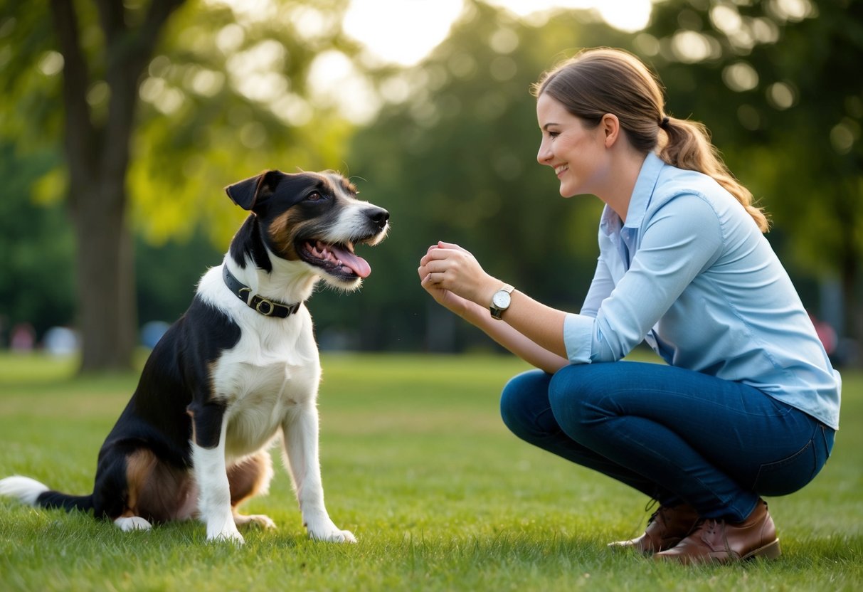 A happy border terrier playing with a first-time owner in a park, showing affection and obedience