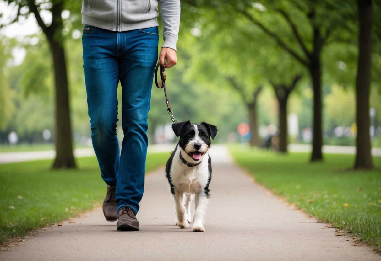 A 6-month-old Border Terrier walks on a leash with its owner in a peaceful park setting, surrounded by trees and greenery