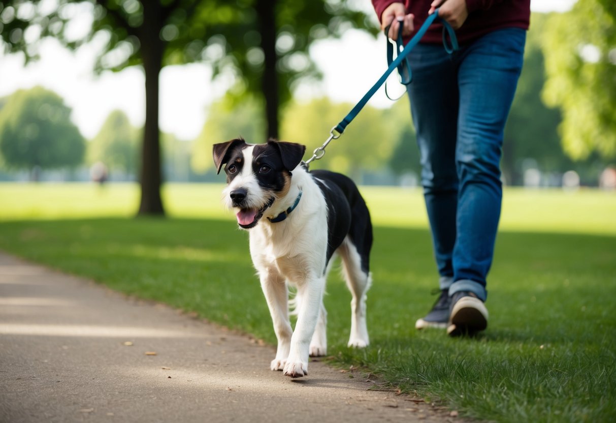 A 6-month-old border terrier walking on a leash with a person in a park, with trees and grass in the background