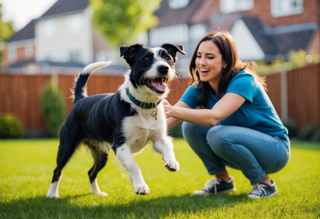 A Border Terrier joyfully playing with a first-time owner in a spacious backyard, showcasing their friendly and affectionate nature