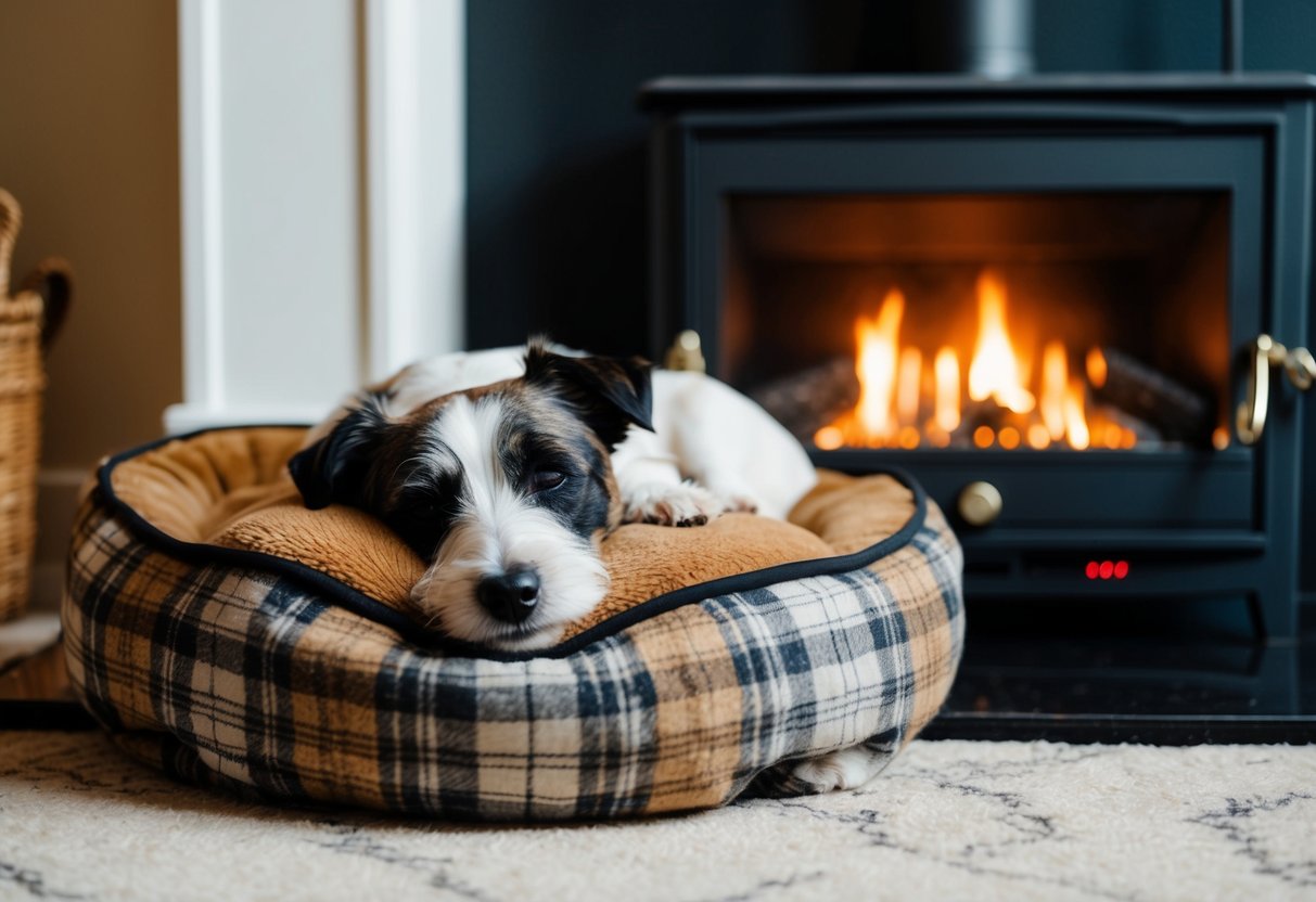 A border terrier sleeps curled up on a cozy, plaid dog bed next to a crackling fireplace