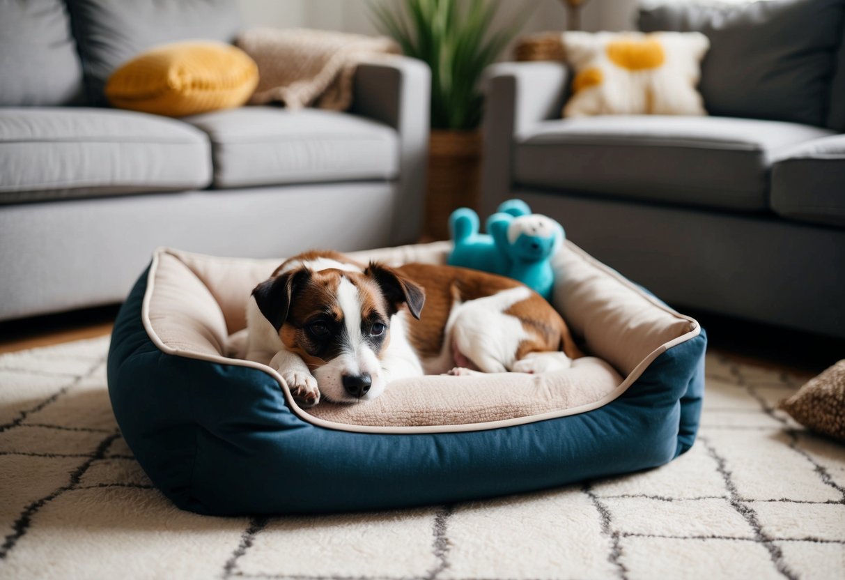 A Border Terrier curled up on a soft, cushioned dog bed in a cozy corner of a living room, surrounded by toys and blankets