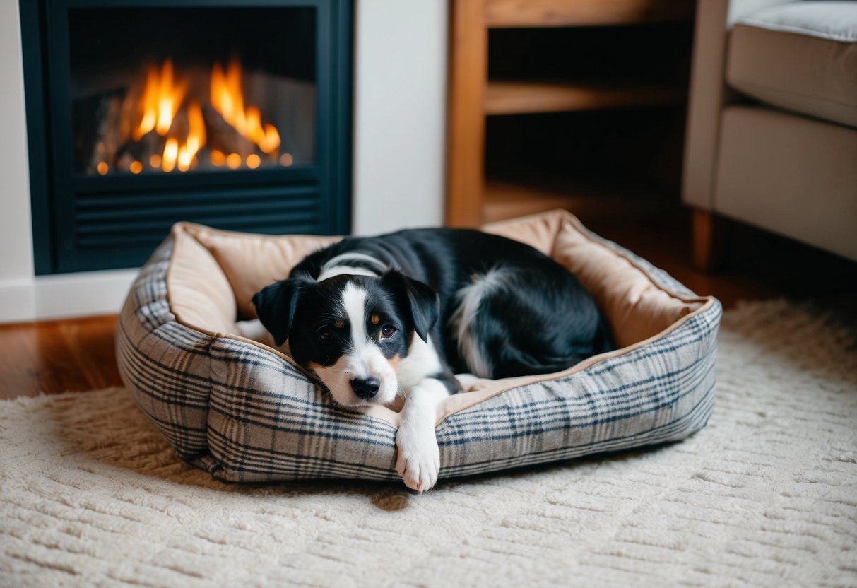 A cozy Border Terrier curls up on a soft, plaid dog bed nestled next to a warm fireplace