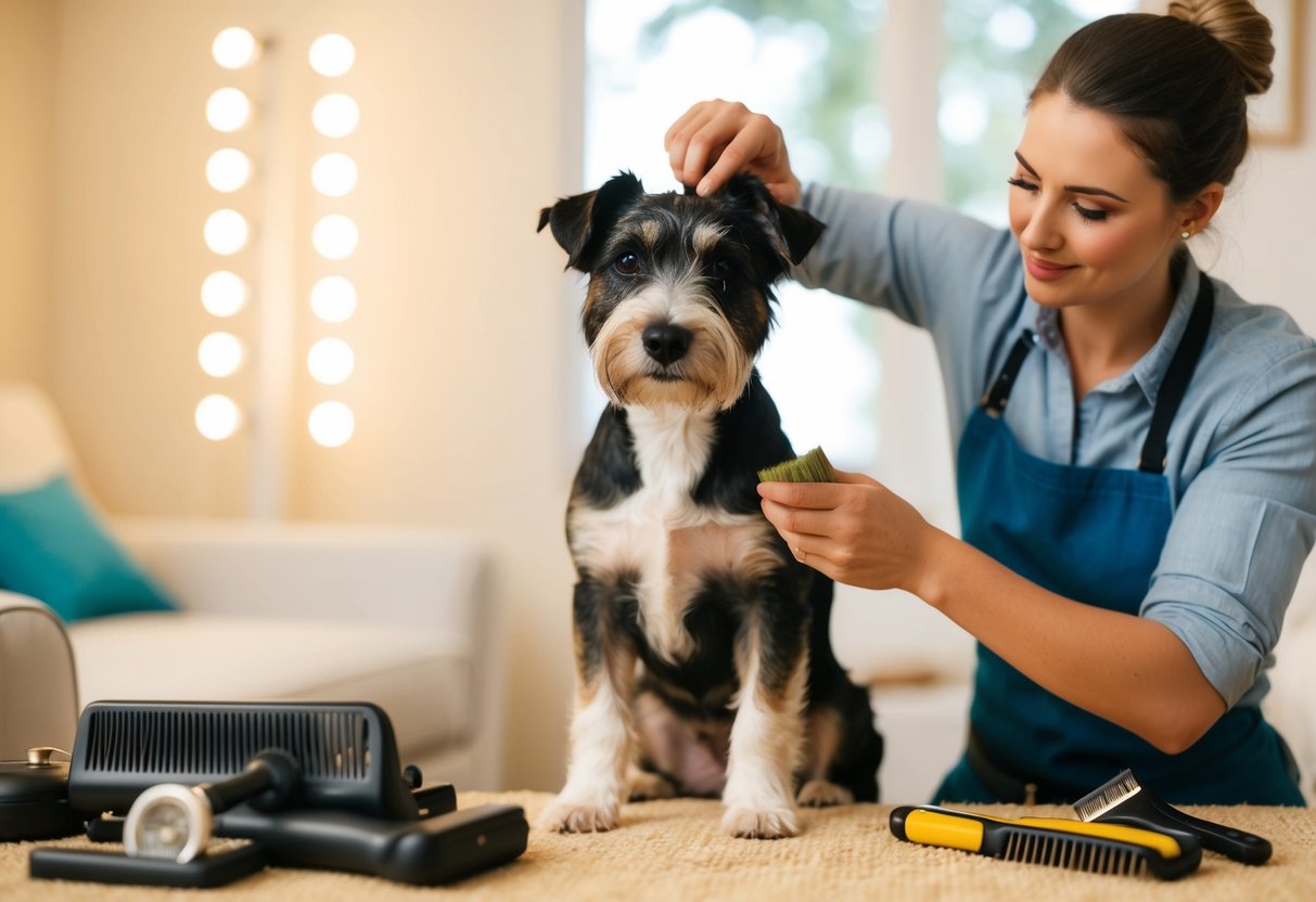 A border terrier sits calmly as its owner carefully hand-strips its wiry coat, surrounded by grooming tools and a cozy, well-lit space