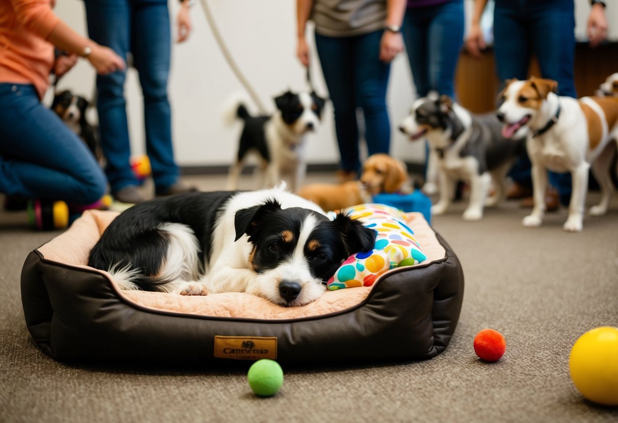 A border terrier sleeps peacefully on a cozy dog bed surrounded by toys and a comfortable blanket. Nearby, a group of people and other dogs engage in training and socialization activities