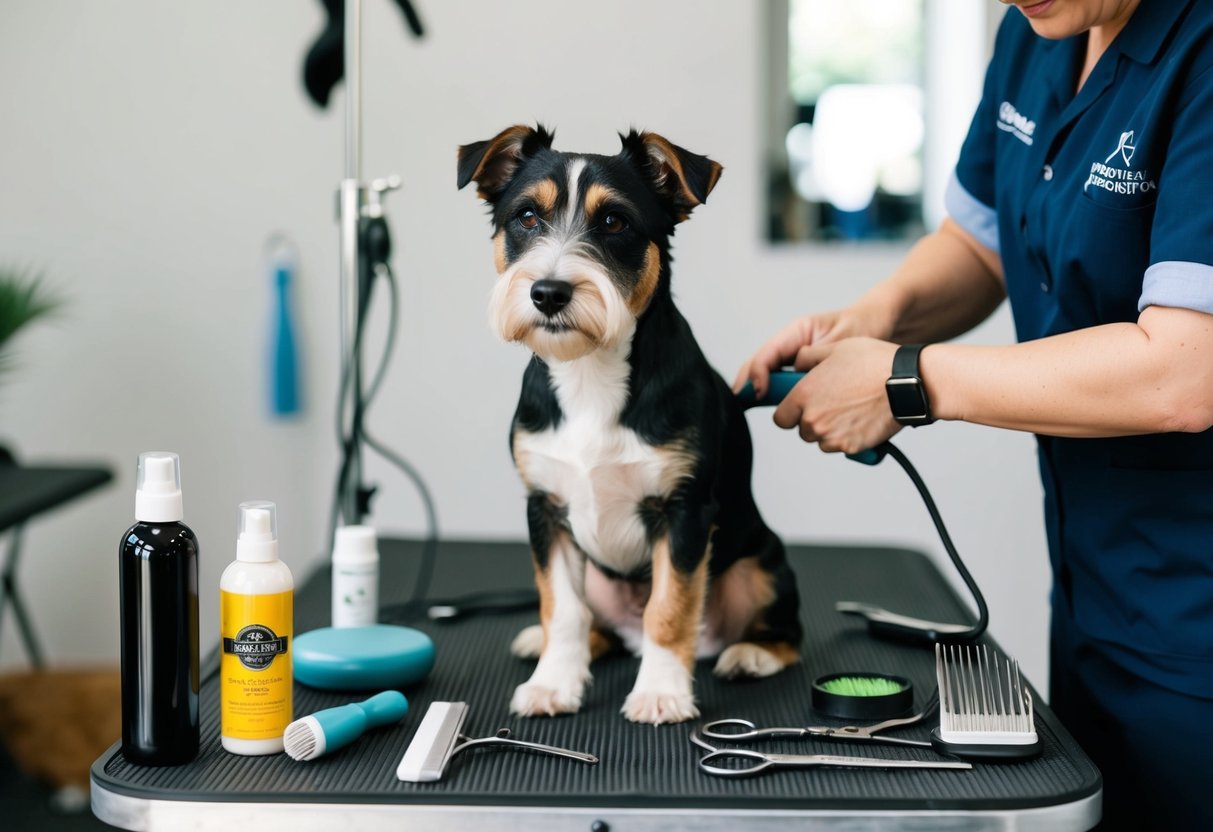 A border terrier sits calmly on a grooming table, surrounded by various grooming tools and products. A professional groomer carefully hand strips the terrier's coat, focused and precise