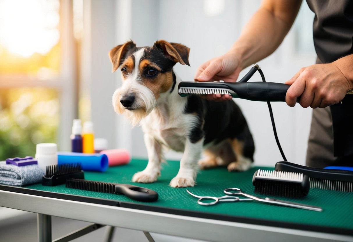 A border terrier being groomed with a hand stripping tool on a table surrounded by grooming supplies