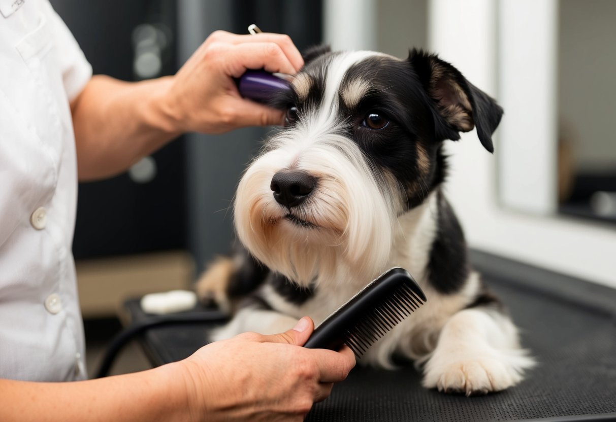 A border terrier being groomed, with its fur being carefully trimmed and brushed