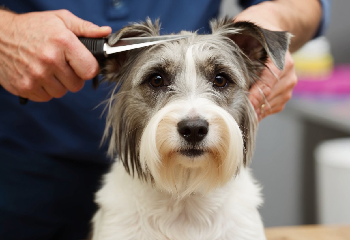 A Border Terrier being groomed, with its wiry coat being stripped using a stripping knife