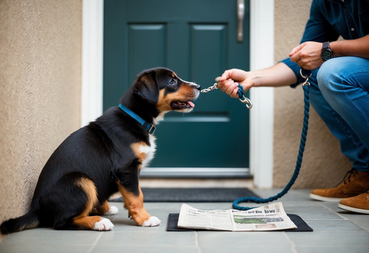A border terrier puppy sits by a door, looking at a pile of newspapers and a training pad. A frustrated owner holds a leash, trying to encourage the puppy to go outside