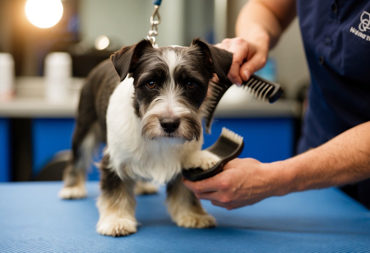 A border terrier being groomed, with a focus on hand-stripping the coat to maintain its texture and color