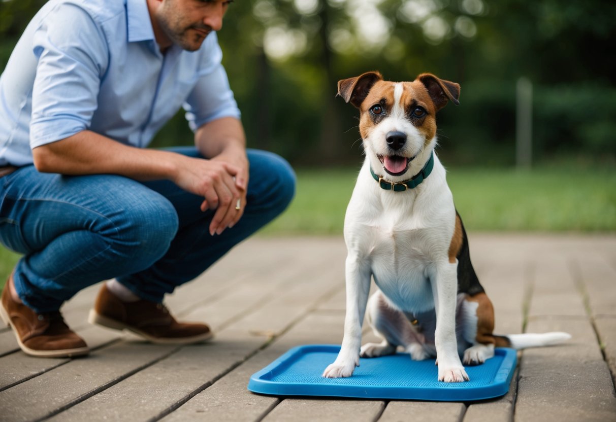 A border terrier sits obediently by a training pad, while a frustrated owner looks on