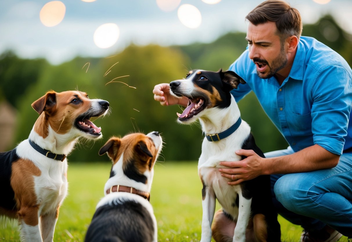 A border terrier barking at other dogs, with a frustrated owner trying to calm it down
