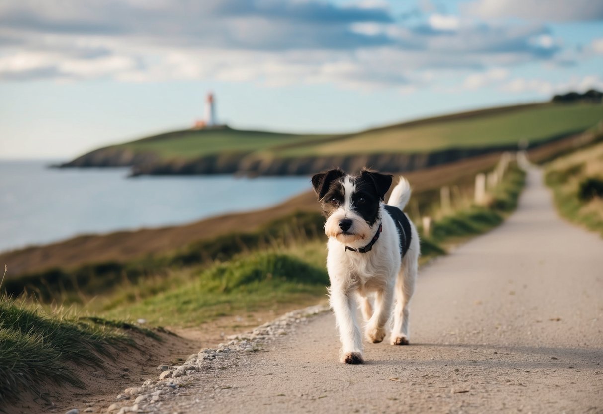 A border terrier walking along a scenic coastal path, with rolling hills and a lighthouse in the distance