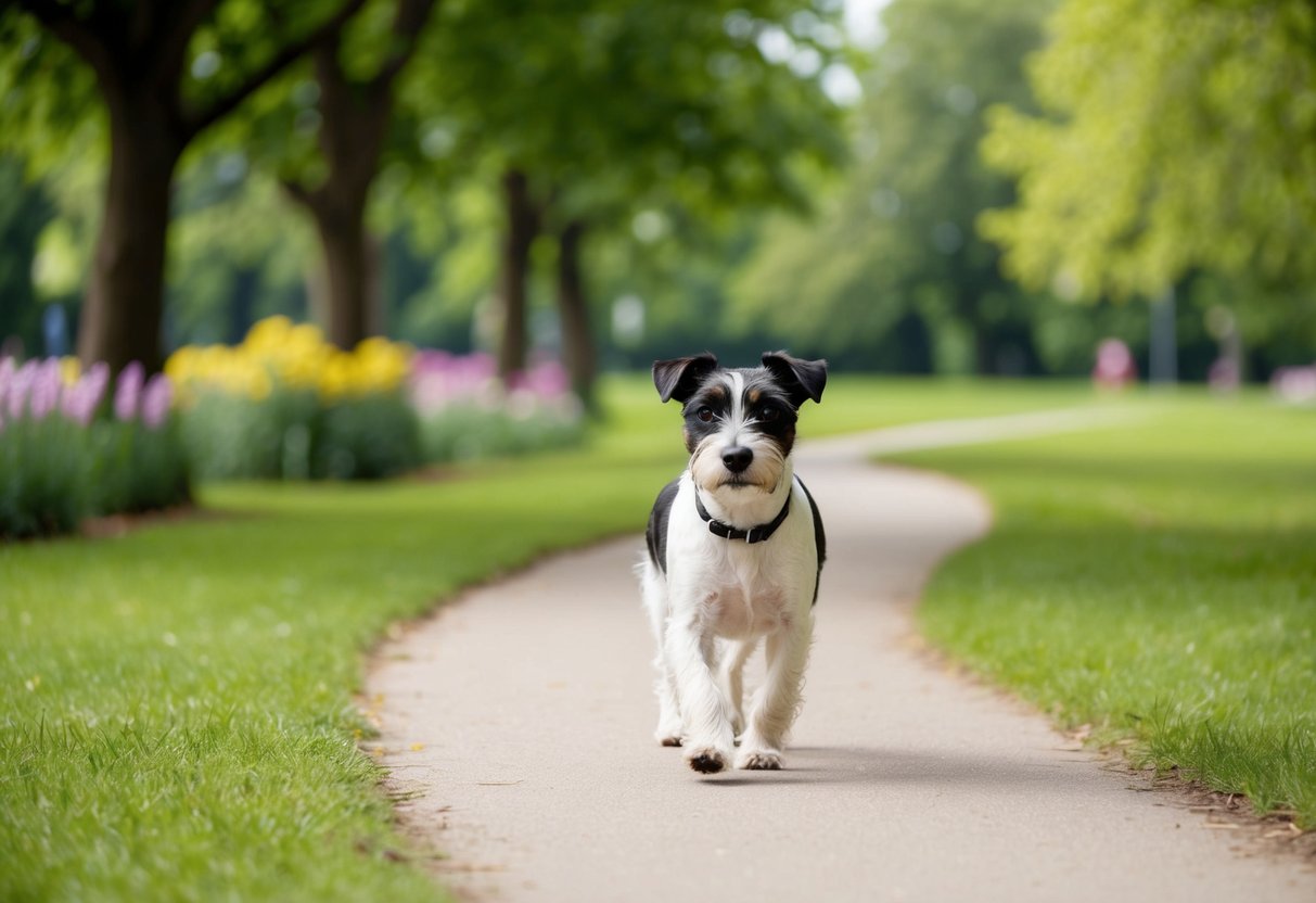 A border terrier walks along a winding path through a lush, green park, with trees and flowers in the background