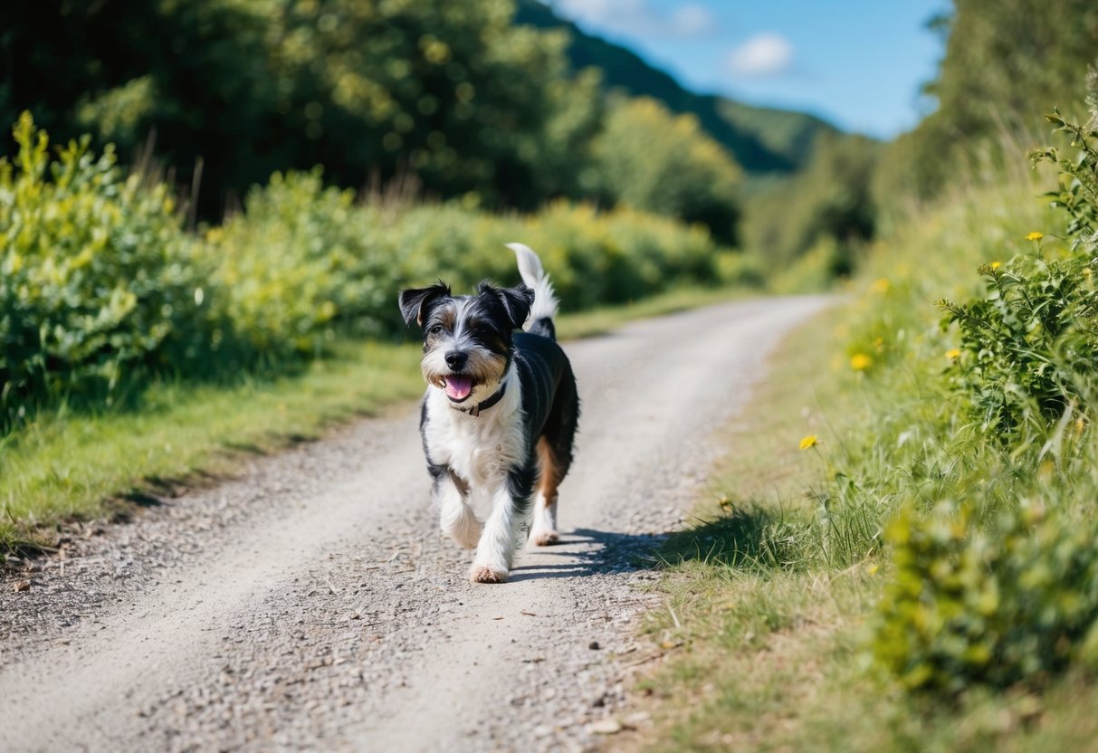 A Border Terrier walks along a scenic trail, surrounded by lush greenery and a clear blue sky. The dog trots happily, tail wagging, as it enjoys a long walk in nature