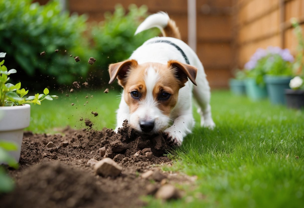 A border terrier digs eagerly in a backyard garden, scattering dirt and plants as it searches for hidden treasures