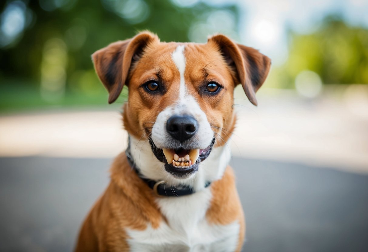 A border terrier with yellowing, crooked teeth, looking uncomfortable