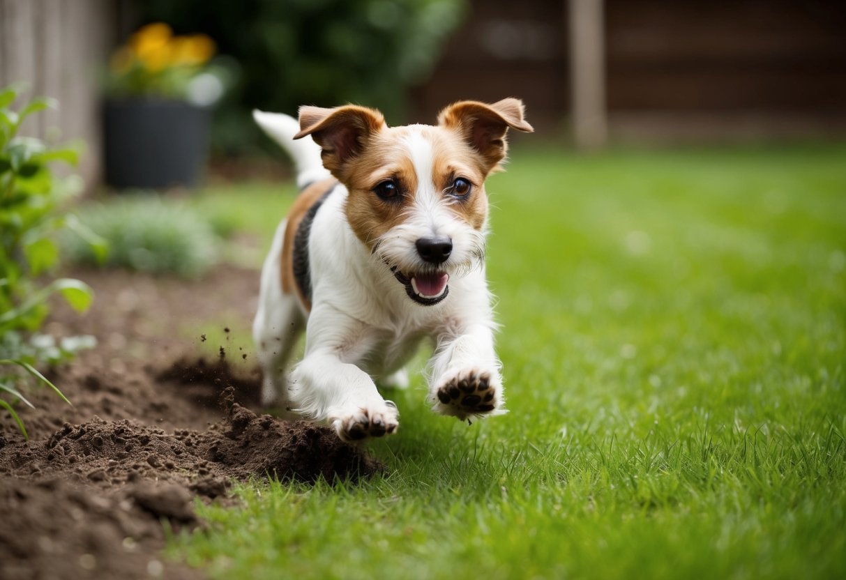 A Border Terrier digs eagerly in a backyard garden, kicking up dirt and grass with its paws