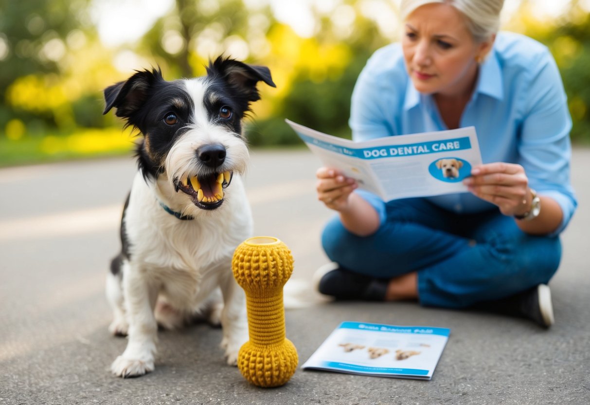 A Border Terrier with yellowed teeth sits in front of a chewed-up toy, while a concerned owner looks at a brochure on dog dental care