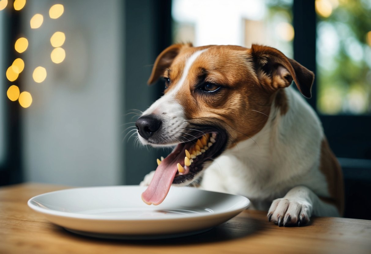 A border terrier with yellowed and crooked teeth, looking uncomfortable while trying to eat