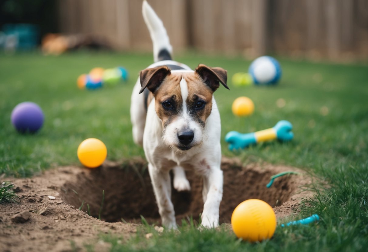 A border terrier digs in a backyard, surrounded by scattered toys and a hole in the ground. Its focused expression shows its mental and physical need for stimulation and exercise