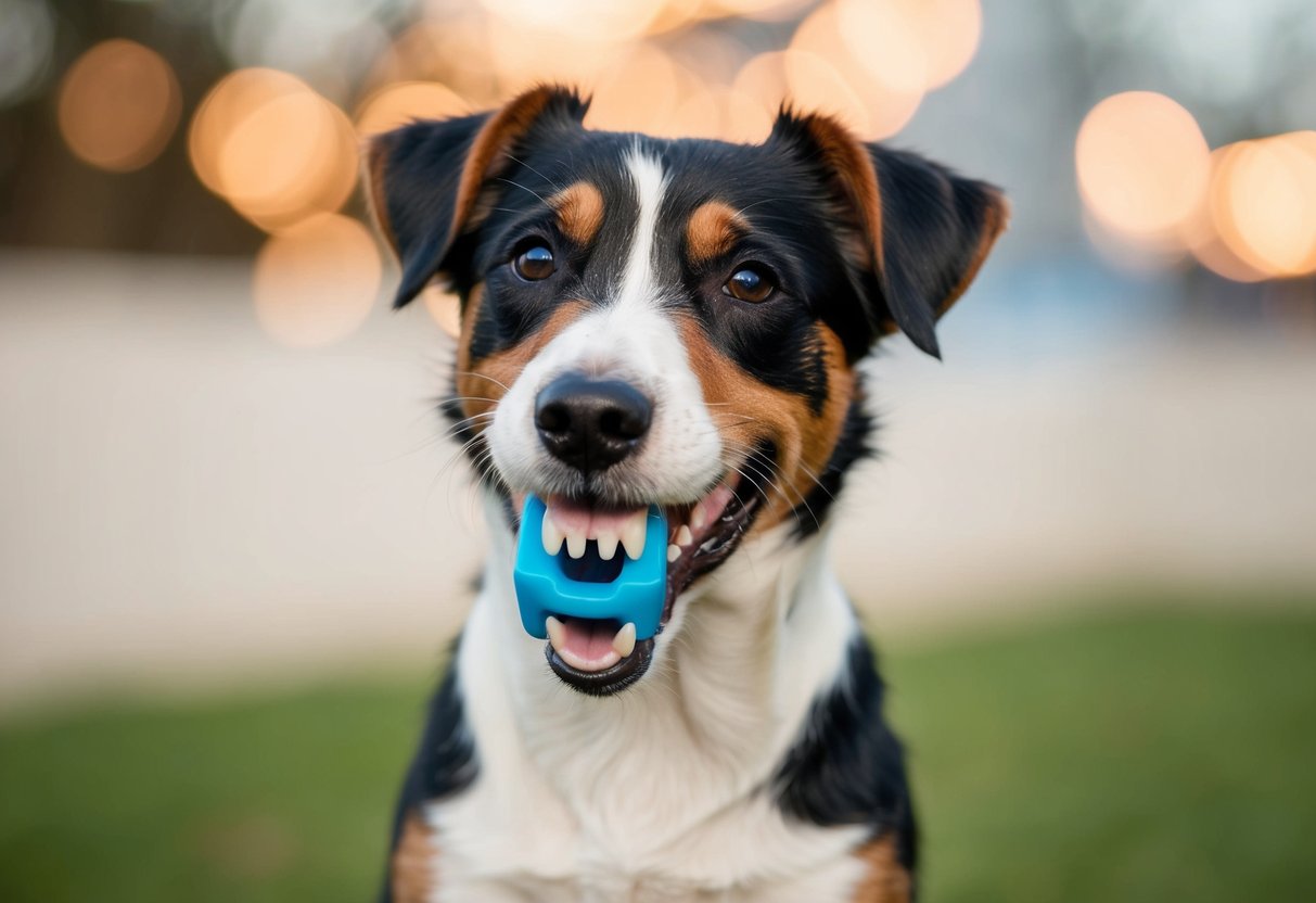 A border terrier with clean, healthy teeth happily chewing on a dental chew toy