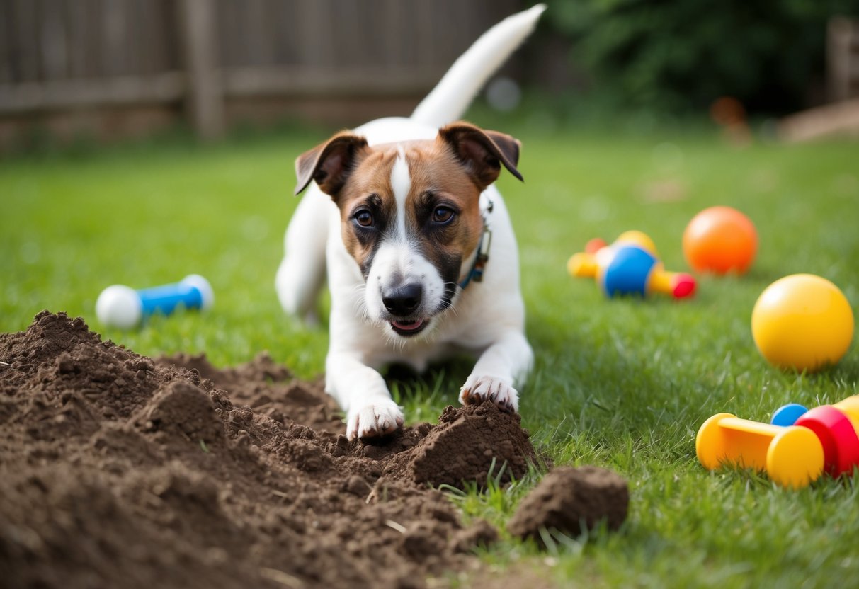 A border terrier digs in a backyard, surrounded by upturned soil and scattered toys