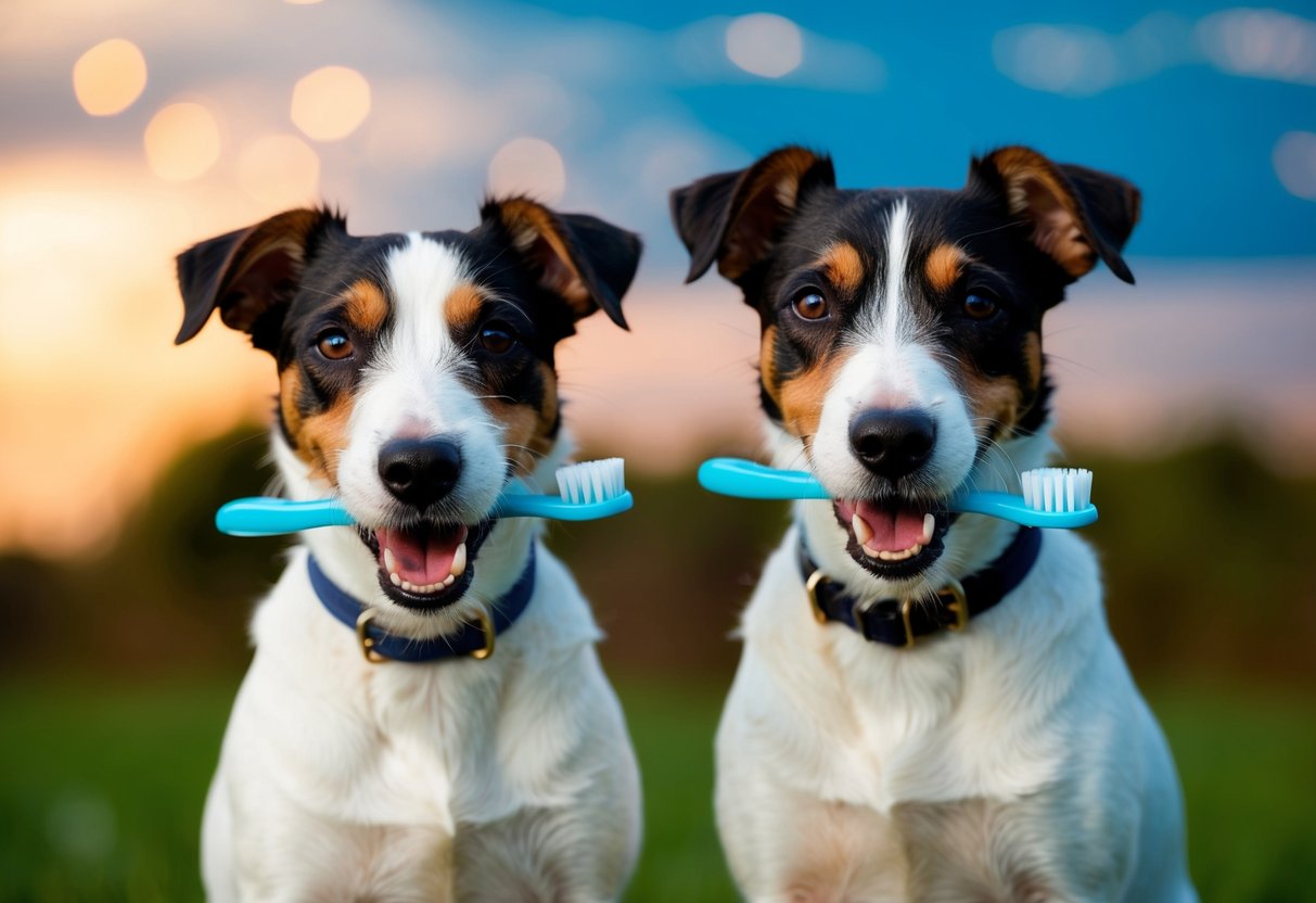 Two border terriers with toothbrushes and dental chews