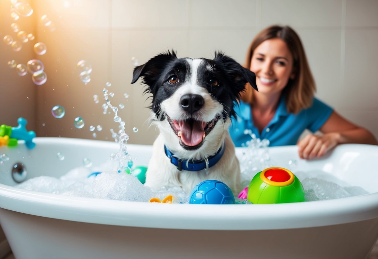 A Border Terrier happily splashes in a bathtub, surrounded by bubbles and toys, as the owner watches with a smile