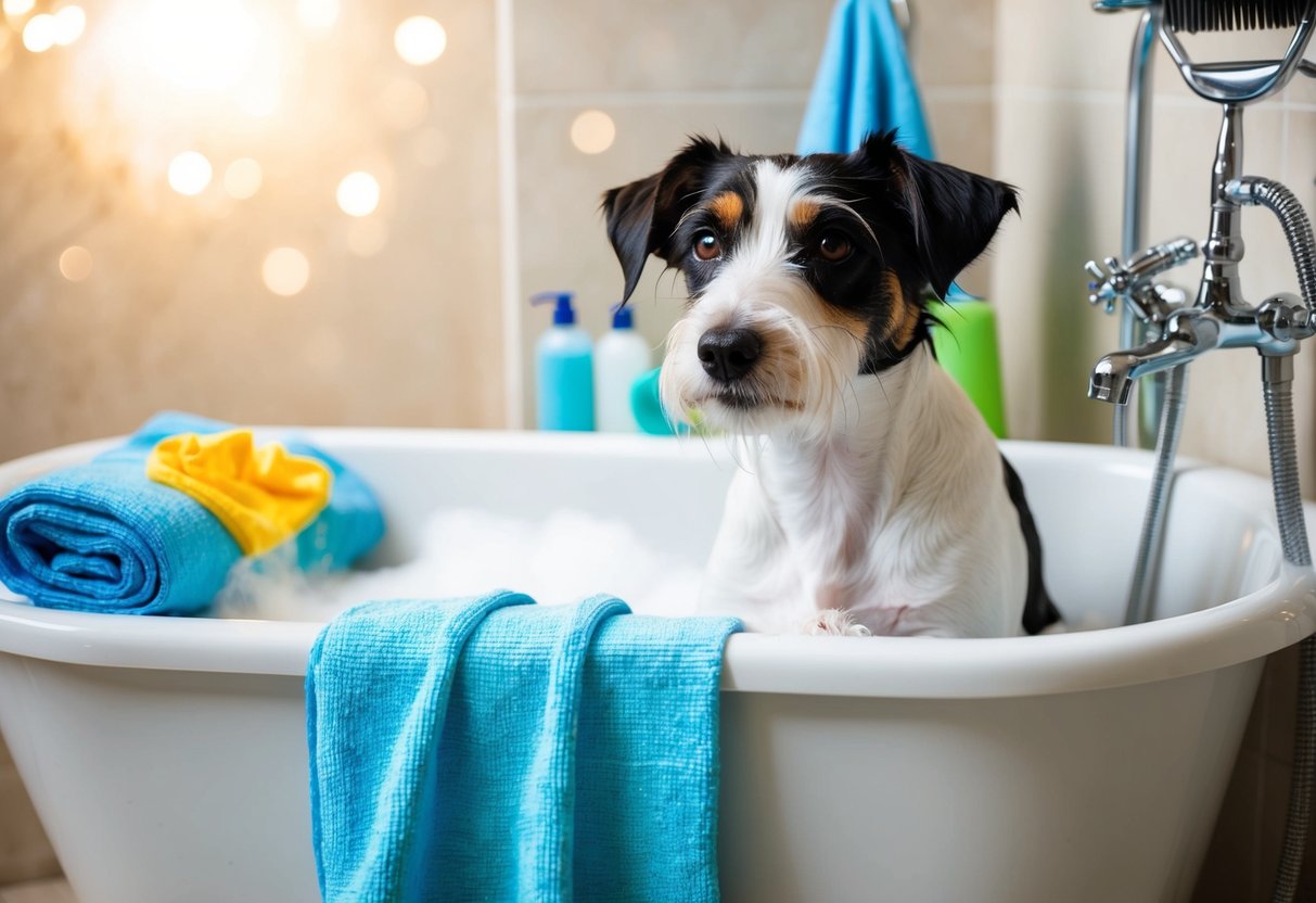 A Border Terrier getting a bath in a tub with a gentle, soapy lather, surrounded by towels and grooming supplies
