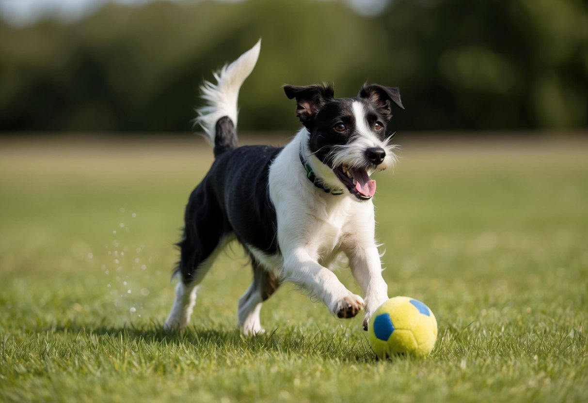 A border terrier playing in a field, chasing after a ball with its tail wagging enthusiastically