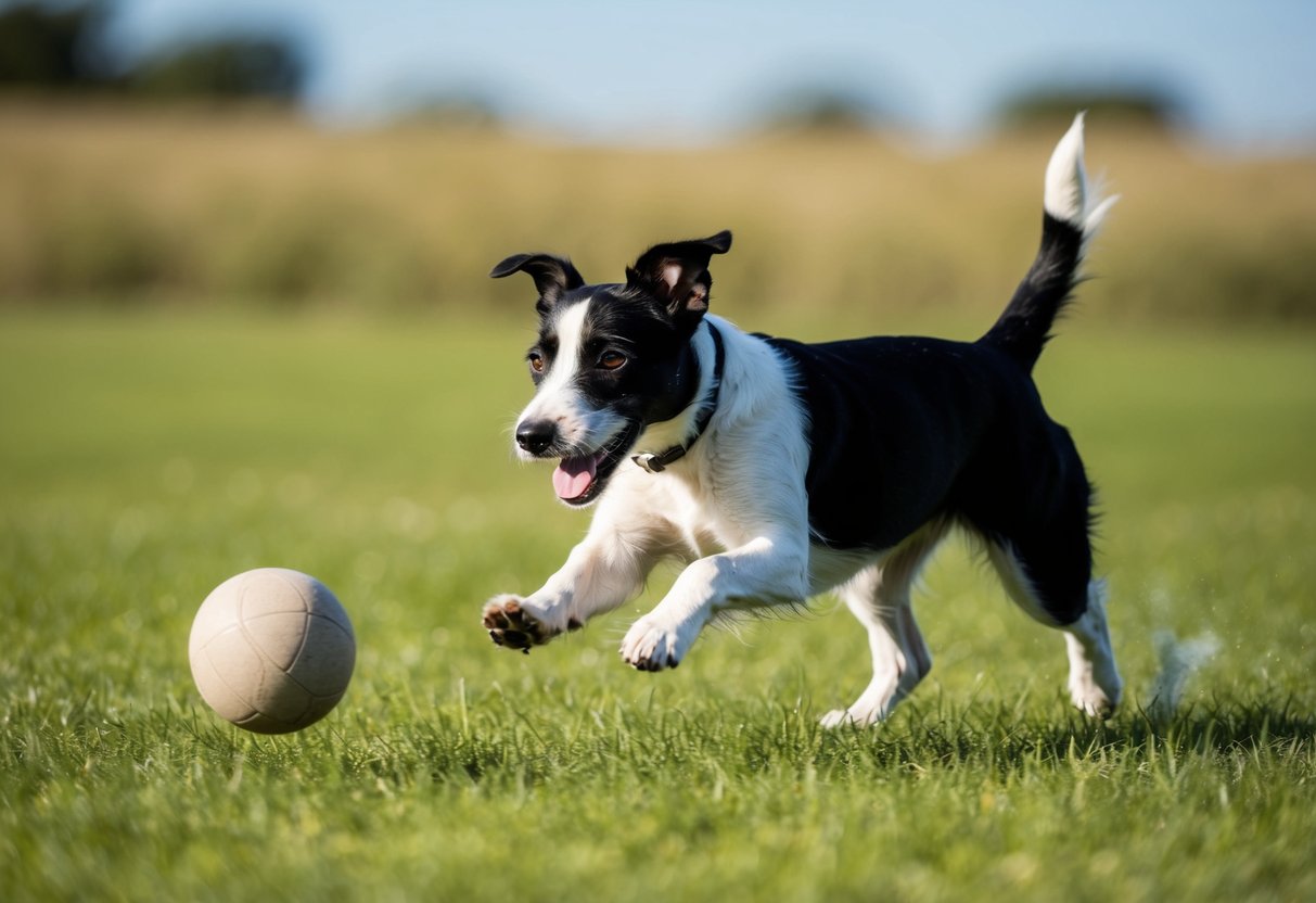A Border Terrier running through a grassy field, chasing after a ball with its tail wagging enthusiastically