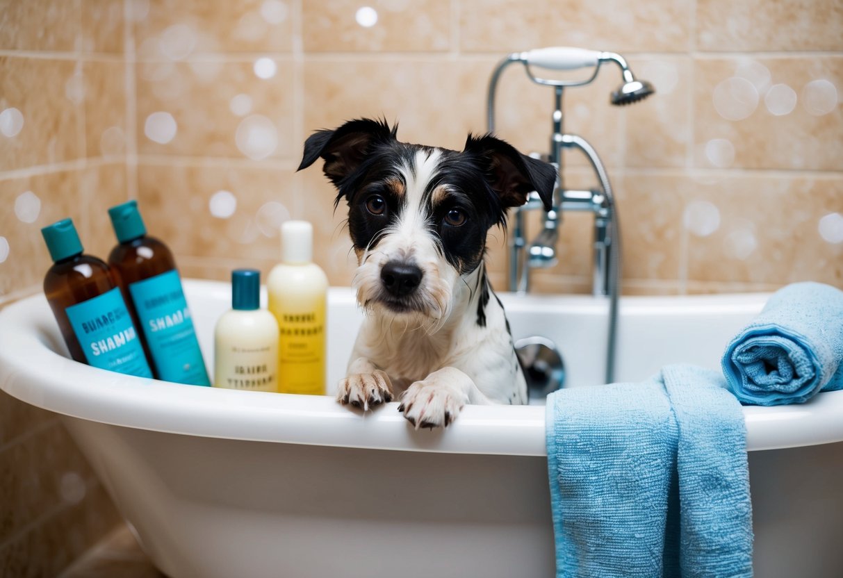 A border terrier being gently bathed in a tub, surrounded by bottles of dog shampoo and a towel