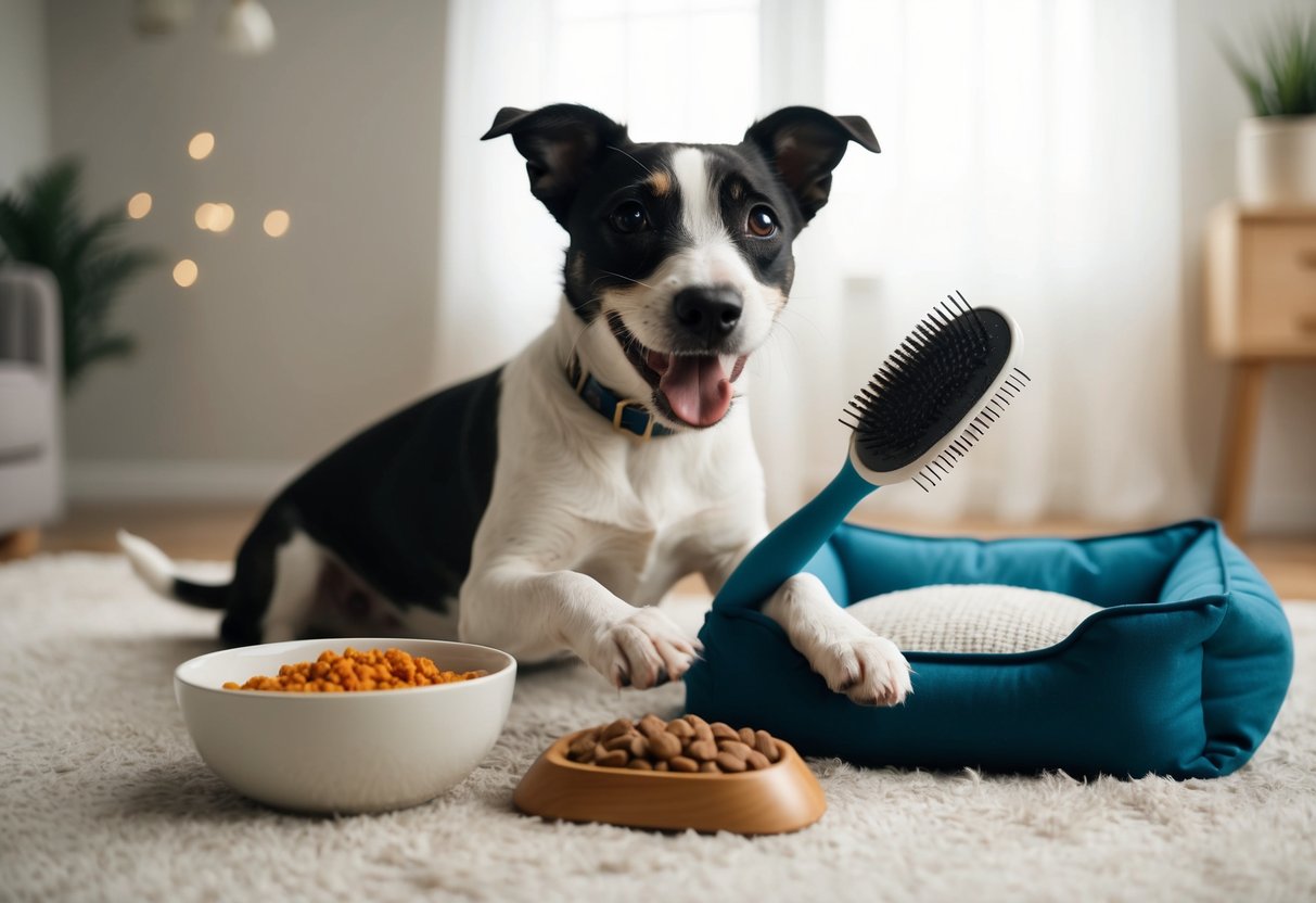 A Border Terrier happily playing with a grooming brush, a bowl of healthy food, and a cozy bed