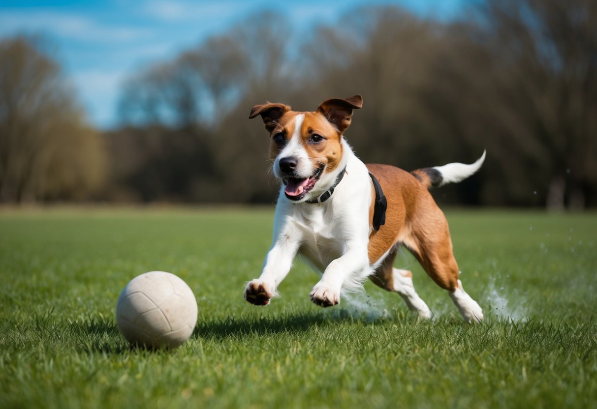 A border terrier running through a grassy field, chasing after a ball, with trees and blue sky in the background