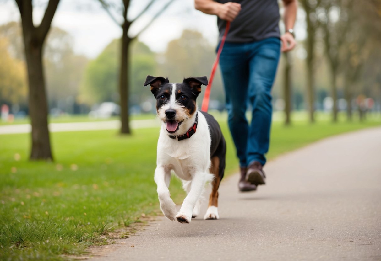 A Border Terrier running alongside its owner in a park, with trees and grass in the background
