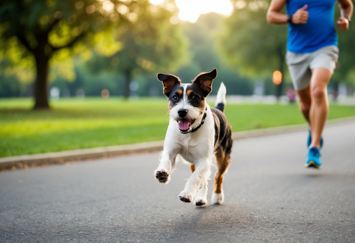 A Border Terrier running alongside its owner during a morning jog in a park