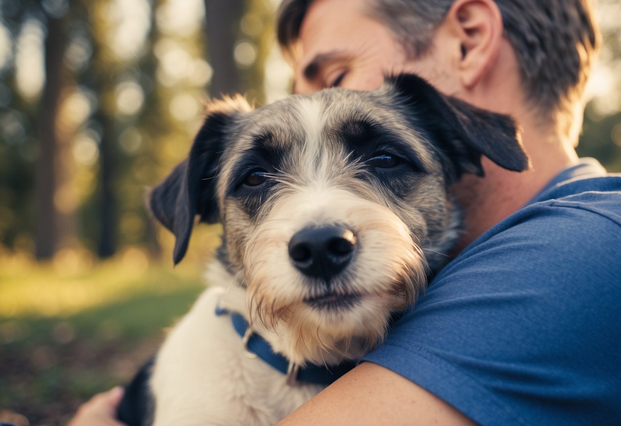 A border terrier snuggles up to its owner, nuzzling affectionately