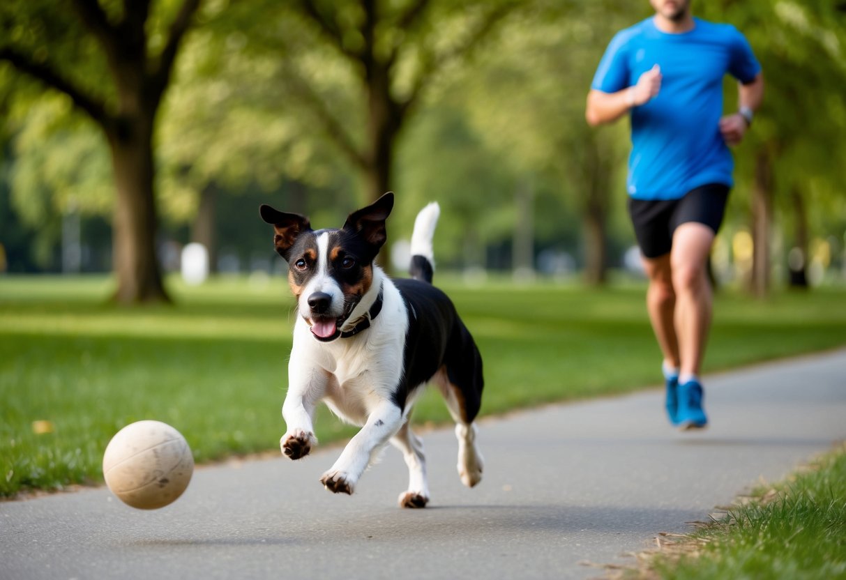 A border terrier running through a park, chasing a ball, with a person jogging alongside