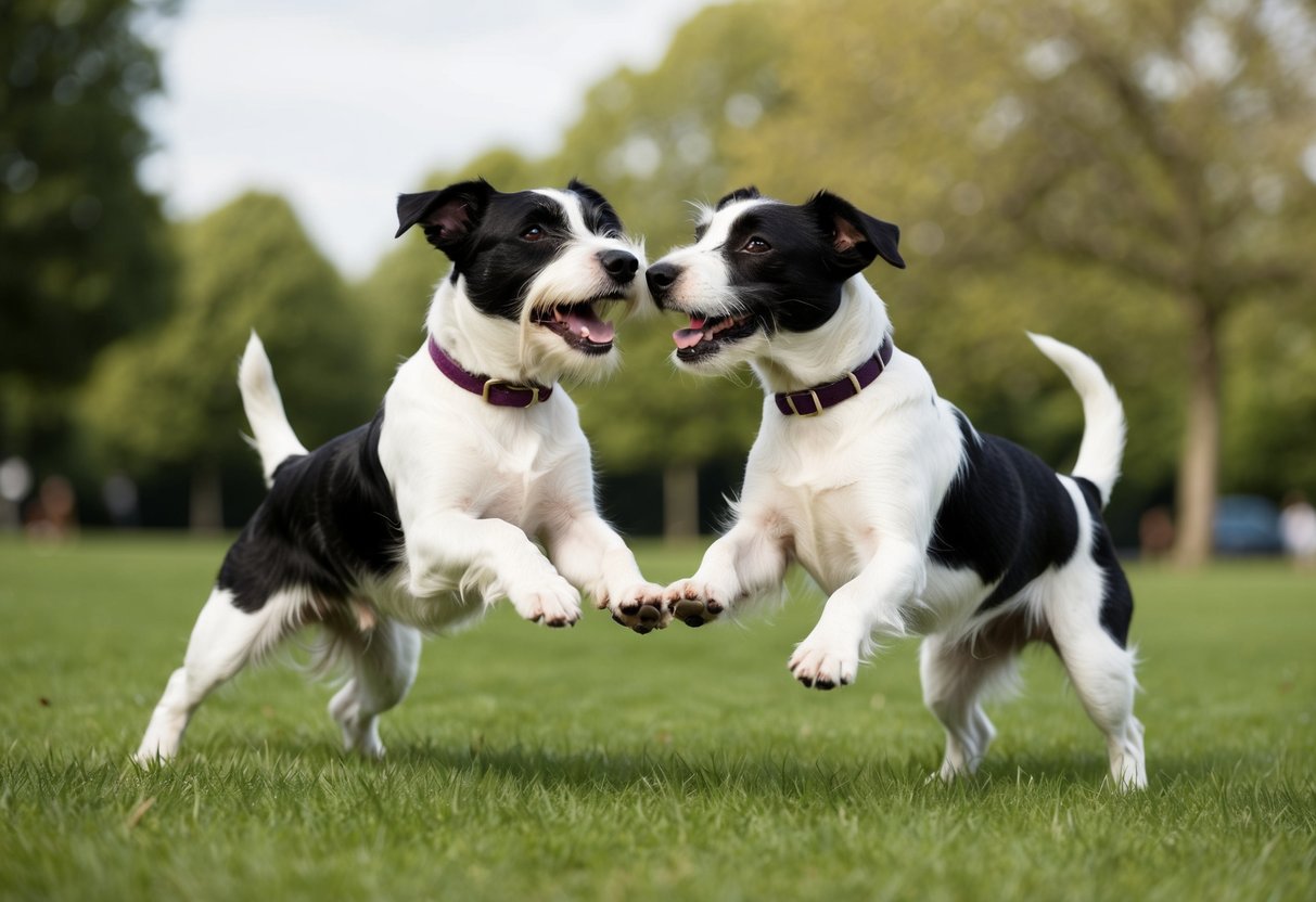 Two border terriers playing together in a park, wagging their tails and nuzzling each other affectionately