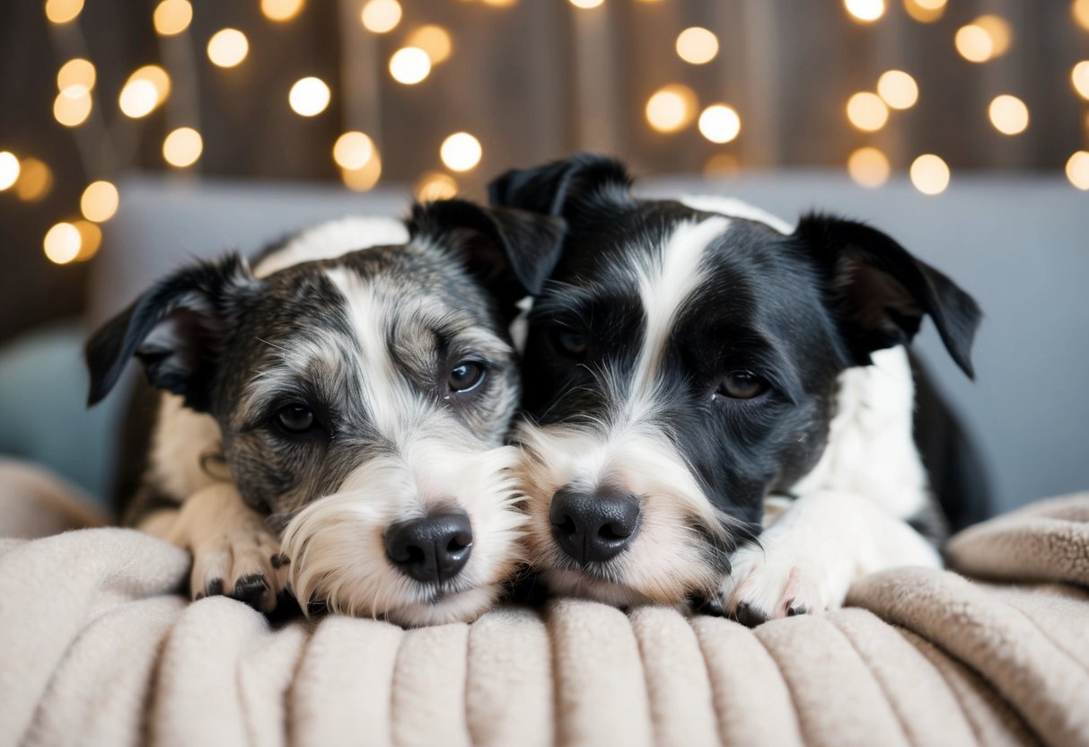 Two border terriers snuggle on a cozy blanket, nuzzling each other affectionately